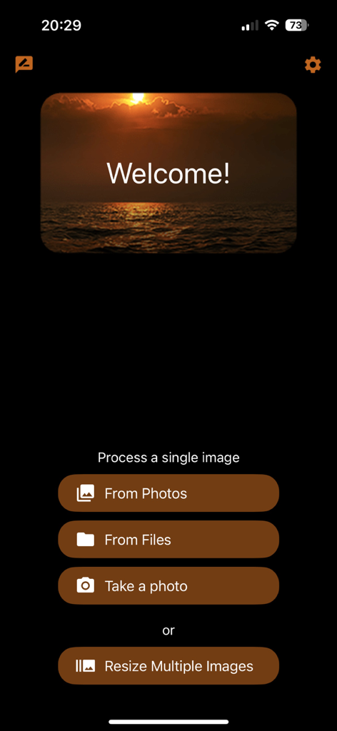 Écran d'accueil de l'application iSize avec des options de redimensionnement d'images simple et par lots