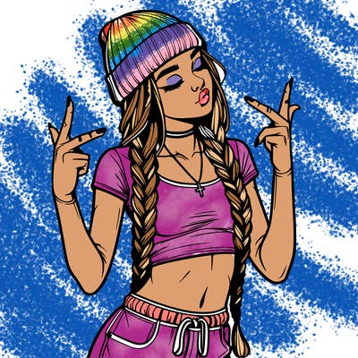 realistic teenage girl with braids and a beanie and crop top doing 🫶🏼