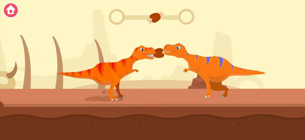 Deux dinosaures oranges amicaux partageant un morceau de viande dans un paysage préhistorique.