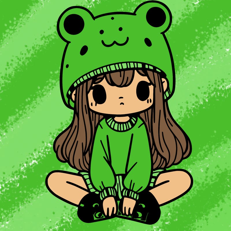 a girl wearing a frog hat and some frog socks