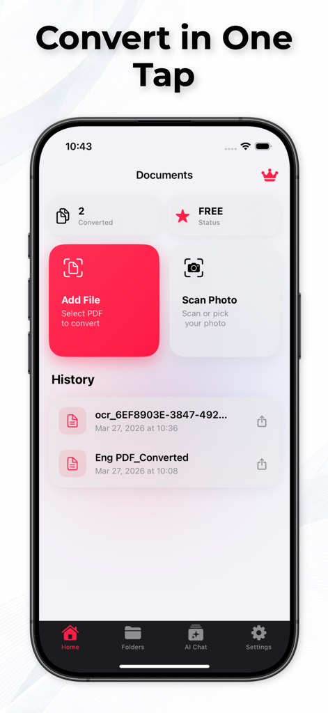 PDF to Word: File Converter AI - Home screen of the PDF to Word File Converter AI app showing options to add files and scan photos for conversion.