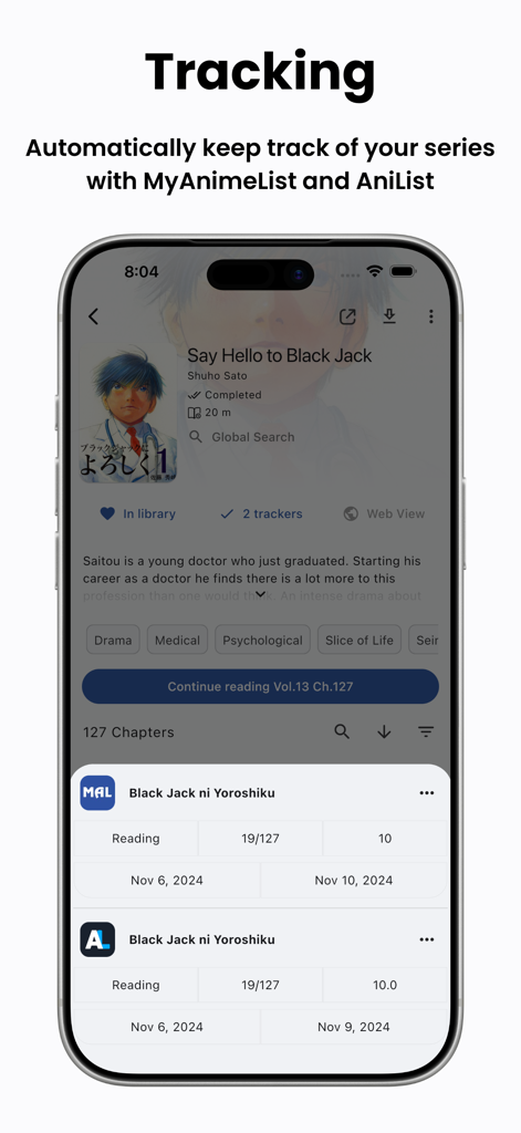 Interfaccia dell'app Tachimanga che mostra il tracciamento delle serie manga con integrazione MyAnimeList e AniList.