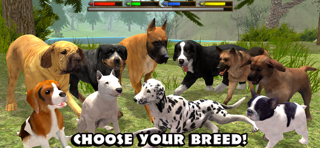 Ultimate Dog Simulator - A variety of different dog breeds standing in a field with the text Choose Your Breed