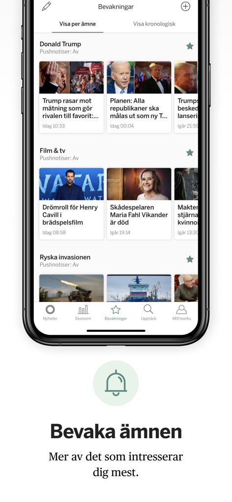 A mobile screen showing the topic monitoring feature of the Omni news app with categories like Donald Trump and Film.