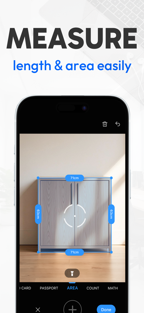 A smartphone screen showing the Tiny Scanner app measuring the length and area of a cabinet