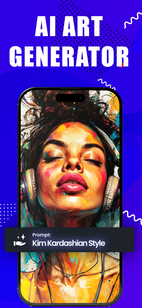 AI Image Art - Photo Generator - Un retrato generado por IA de una mujer con auriculares sobre una pantalla de móvil, con la indicación 'estilo Kim Kardashian', en colores vivos.