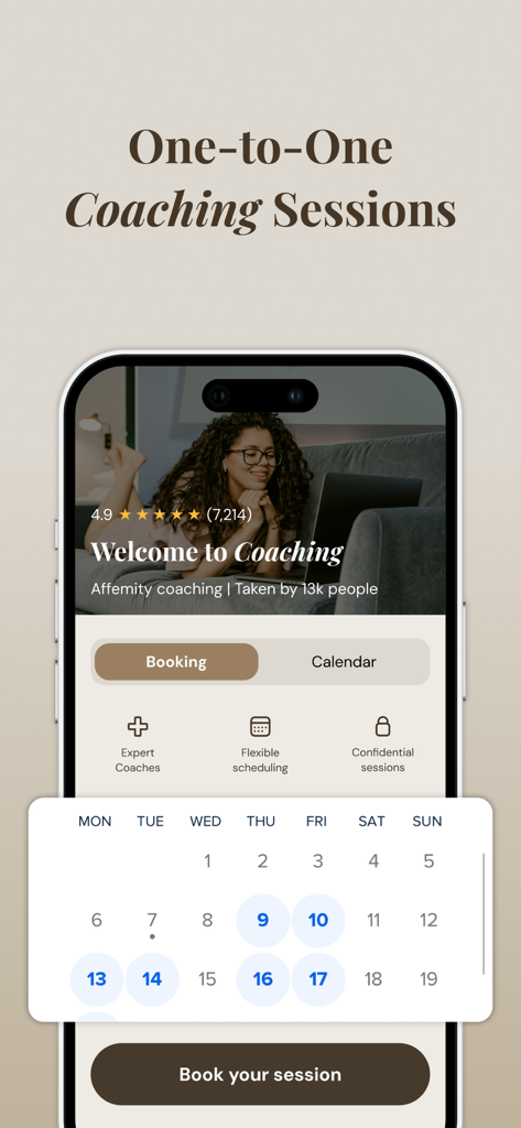 Affemity: Relationship Coach - Interfaccia dell'app Affemity che mostra un calendario per la prenotazione di una sessione di coaching relazionale individuale