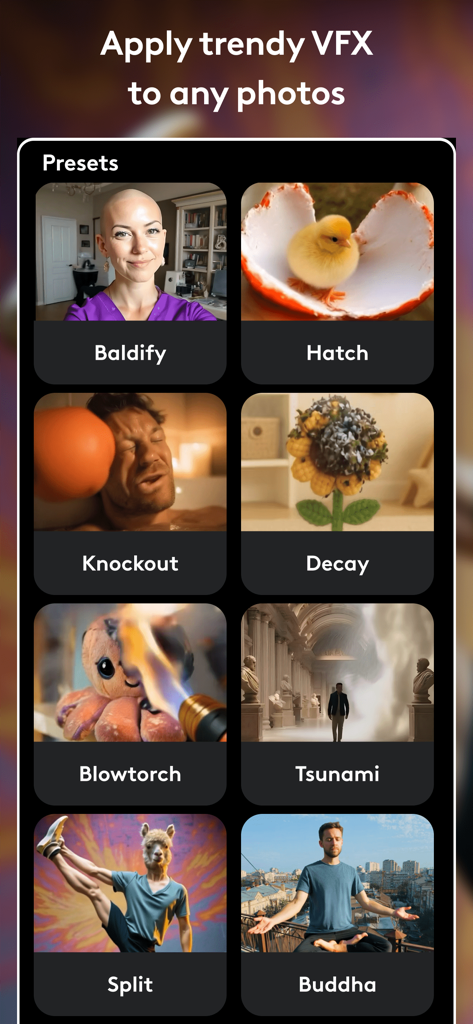 A screen showing various AI video effects and presets in the LTX Buzz app