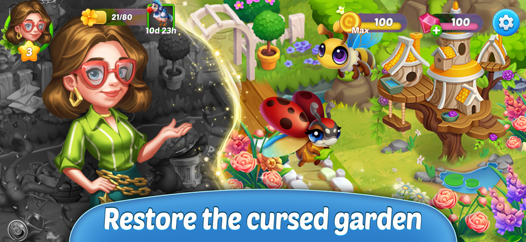 Rosie steht neben einem geteilten Bildschirm, der ein graues, verfluchtes Land zeigt, das sich in einen lebendigen, farbenfrohen Garten mit einem Marienkäfer und einer Biene verwandelt.