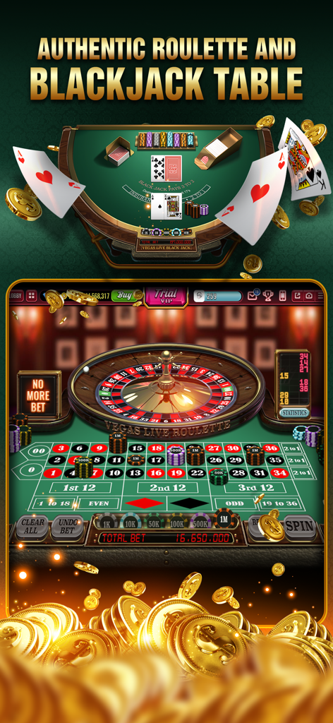 Vegas Live Slots Casino - Una pantalla de juego móvil que muestra mesas auténticas de ruleta y blackjack con monedas de oro y cartas.