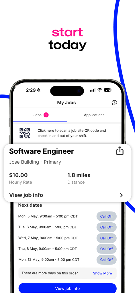 Swipejobs app screen showing a software engineer job listing with hourly pay rate and shift schedule.