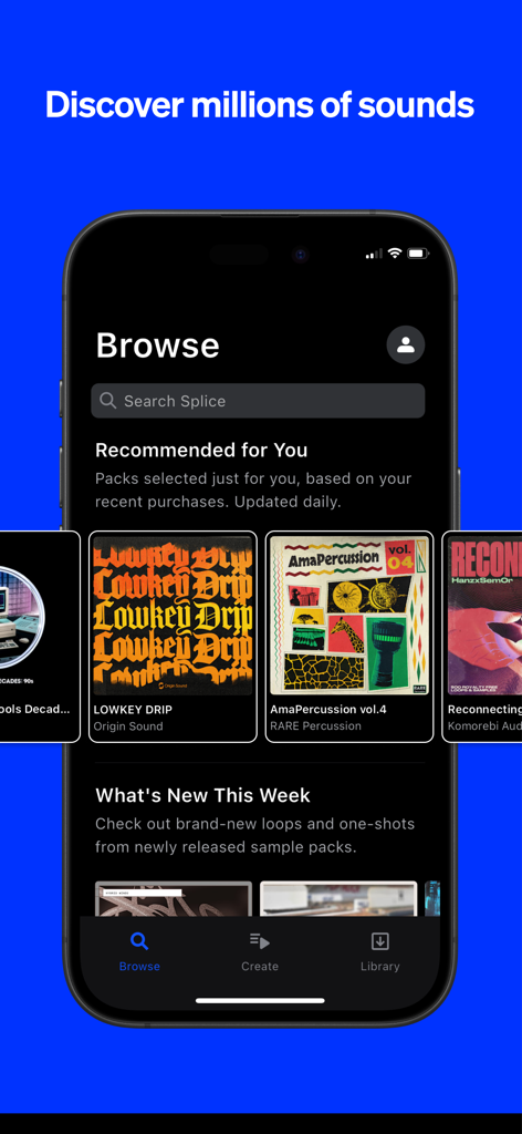 Interface of the Splice mobile app showing the browse section with recommended music sample packs like Lowkey Drip and AmaPercussion.