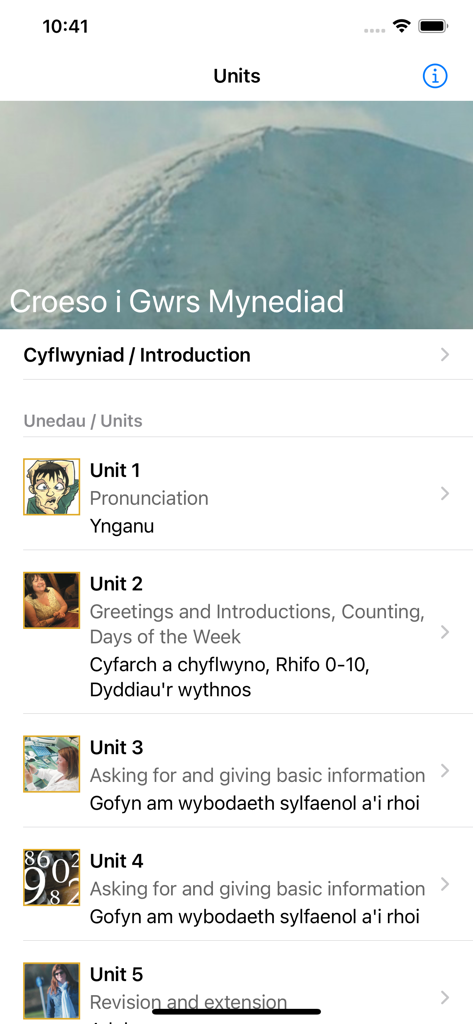 Cwrs Mynediad - Screen from the Cwrs Mynediad app showing a list of Welsh language learning units covering pronunciation, greetings, and basic information.