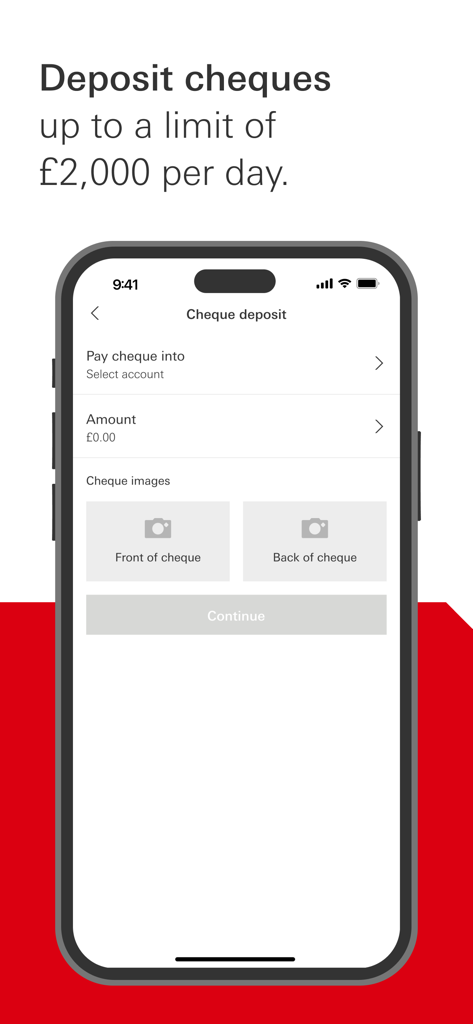 HSBC UK Mobile Banking - HSBC UKモバイルバンキングアプリの小切手預金インターフェース。1日の限度額は2000ポンドです。