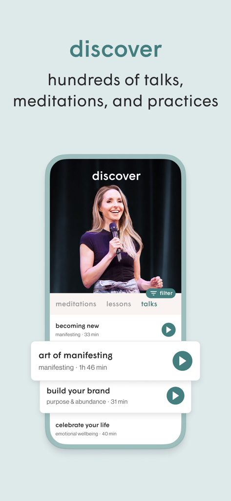 Gabby - Coaching & Meditation - The discover section of the Gabby app showing spiritual talks and meditations for manifesting