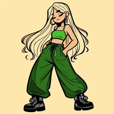 girl in baggy pants crop top and long hair