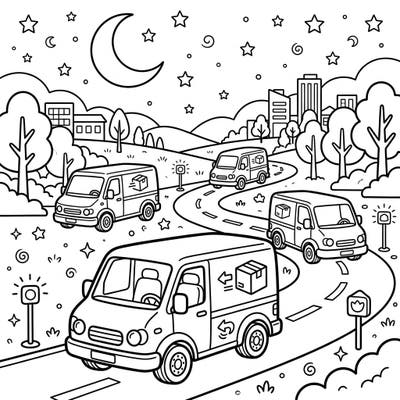 Watch delivery vans navigate the city streets under the magical glow of the night sky. This charming coloring page brings the bustling energy of nocturnal deliveries to life, offering a unique and engaging scene for your creative touch.