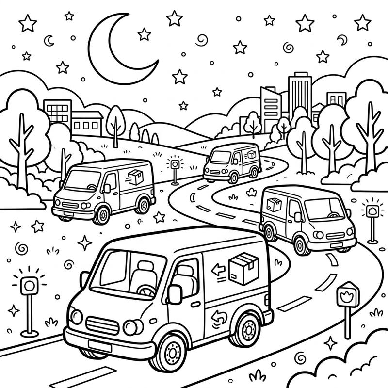 Watch delivery vans navigate the city streets under the magical glow of the night sky. This charming coloring page brings the bustling energy of nocturnal deliveries to life, offering a unique and engaging scene for your creative touch.