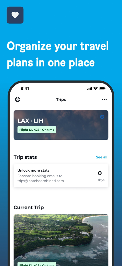 HotelsCombined: Hotel Search - HotelsCombined 앱 인터페이스, 여행 계획 및 항공편 일정을 한 곳에서 정리하는 '여행' 기능 표시