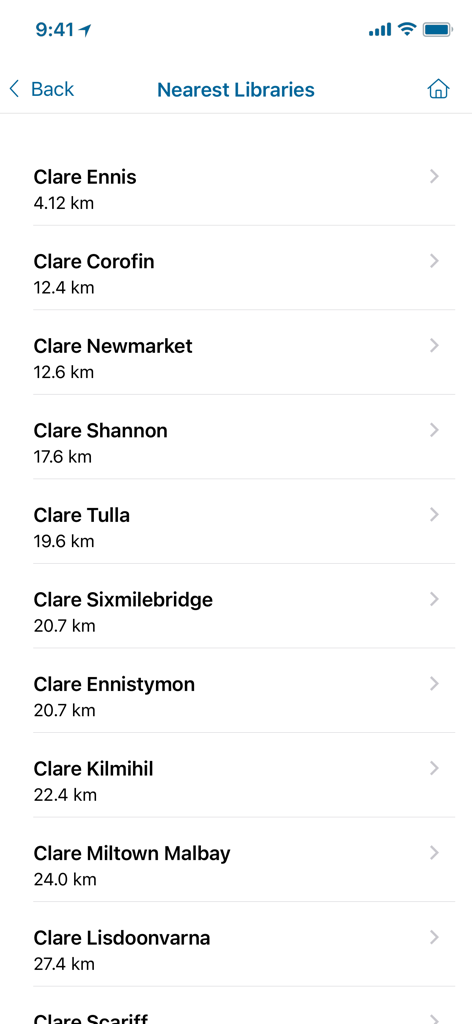 Clare County Library - Nearest library branches list with distances in the Clare County Library app