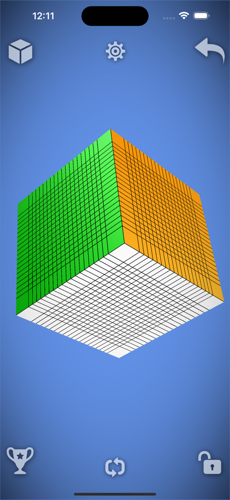 Magic Cube Puzzle 3D - A 20x20x20 large scale 3D magic cube puzzle game on a mobile screen with green white and orange faces