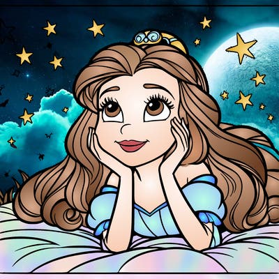 a princess lying on her back on a blanket, looking up at the stars with a dreamy expression.