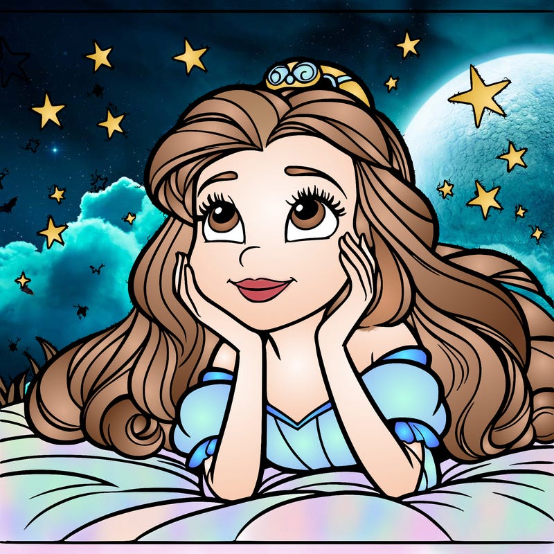 a princess lying on her back on a blanket, looking up at the stars with a dreamy expression.