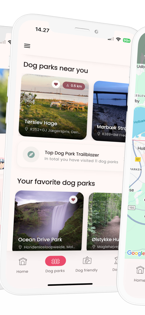 GoDusty - GoDusty mobile app interface showing nearby dog parks and favorite locations with photos