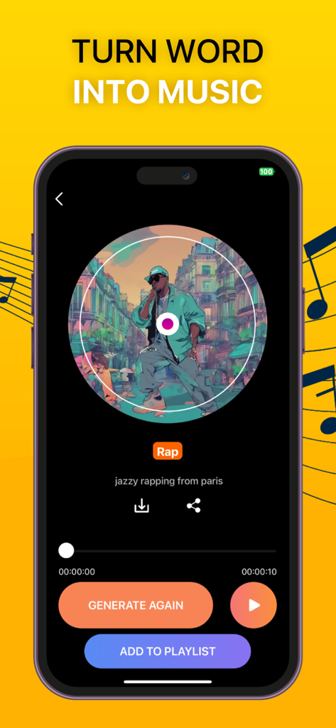 AI Music Generator Song Writer - AI Music Generator app interface displaying a rap song created from a text prompt