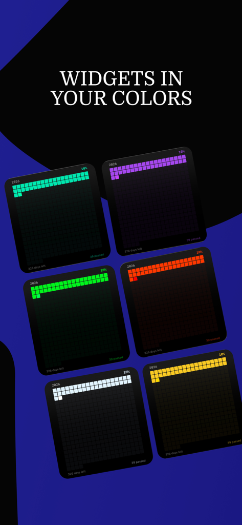 TimeDot: Year & Life Progress - A variety of colorful year progress widgets showing dot grids in different themes for the TimeDot app