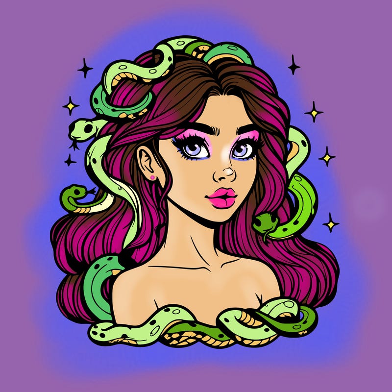 realistic girl with snakes as hair