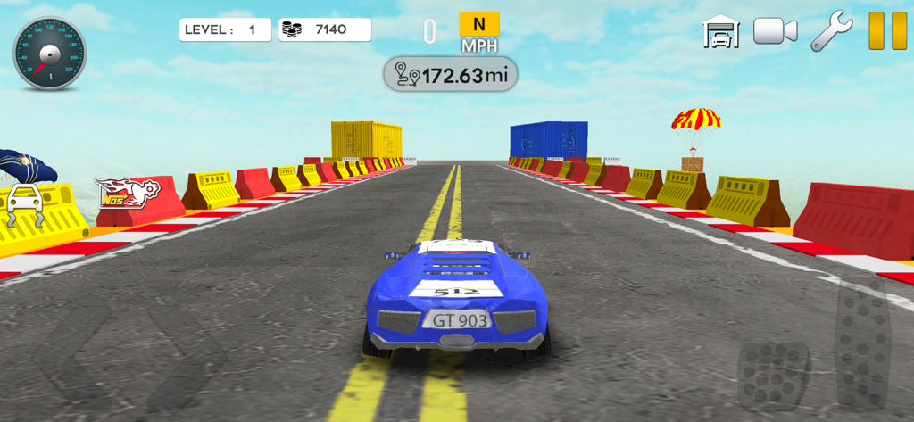 Blue sports car driving on a city road in Driving Simulator Car Games