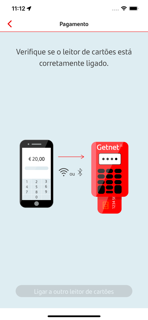 Get Mini - Illustration showing a smartphone connecting to a Getnet card reader via Bluetooth or Wi-Fi for a payment