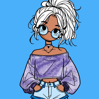 girl with a messy ponytail glasses a baggy crop top and jean shorts