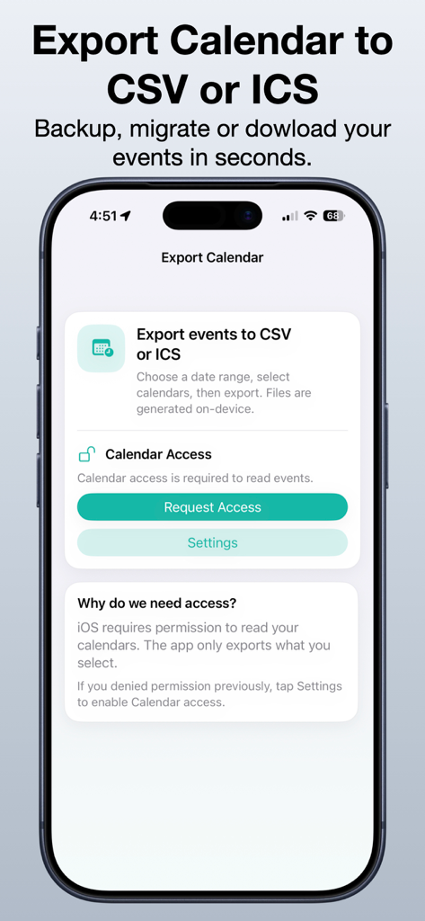 Export Calendar - CSV & ICS - Screenshot of the Export Calendar app interface showing the calendar access request screen on an iPhone