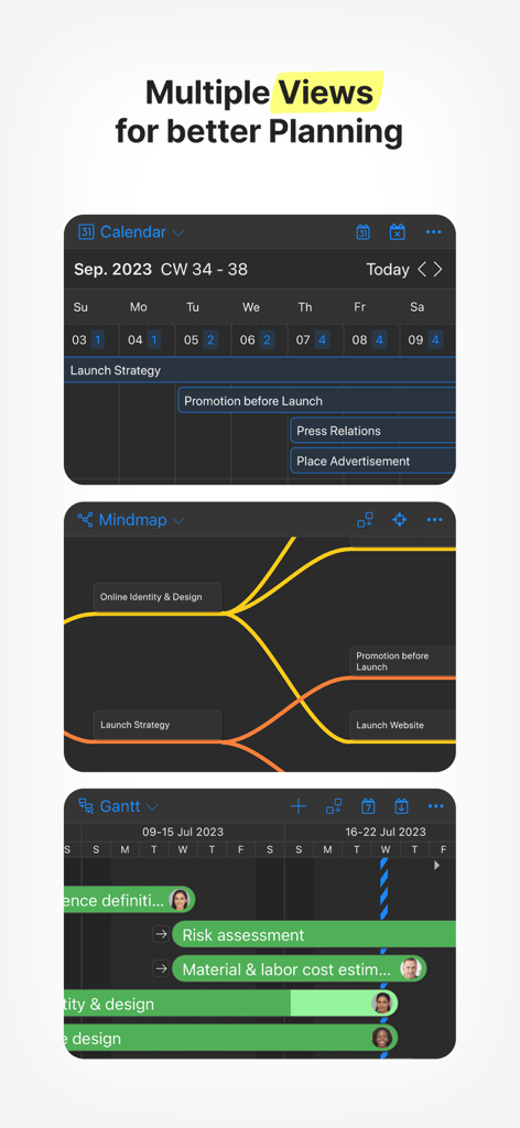 Interface do aplicativo Zenkit mostrando visualizações de calendário, mapa mental e gráfico de Gantt para gerenciamento e planejamento de projetos.