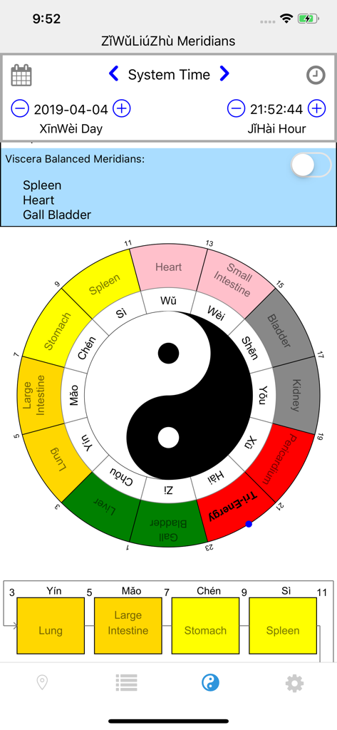Chrono-Acupuncture - Chrono-Acupuncture app interface showing the ZiWuLiuZhu organ clock and meridian cycles