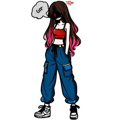 girl in baggy pants crop top and long hair