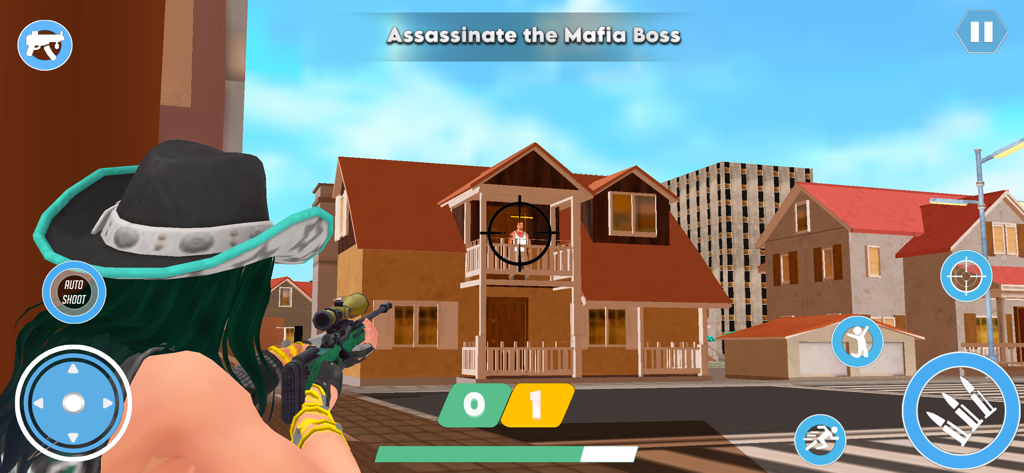 Vegas city Gangster 3D - A female character aiming a sniper rifle at a target on a house balcony in Vegas City Gangster 3D gameplay.