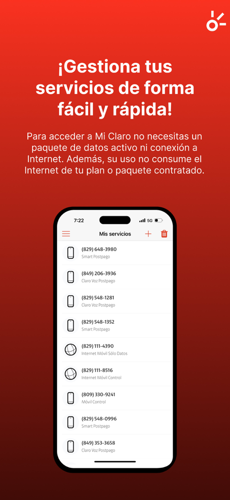 Mi Claro -República Dominicana - Mi Claro Republica Dominicana app screenshot showing a list of managed mobile and internet service accounts