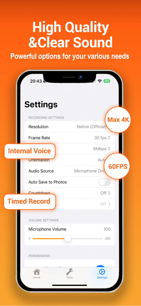 iRecordScreen: Screen Recorder - iRecordScreenアプリの設定インターフェースに、4K解像度と60FPSの録画オプションが表示されています
