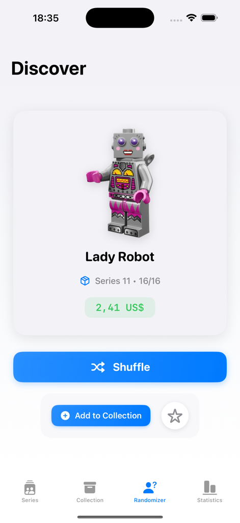Pantalla de detalle de la minifigura Lady Robot con valor estimado en la aplicación Minifigures Tracker.