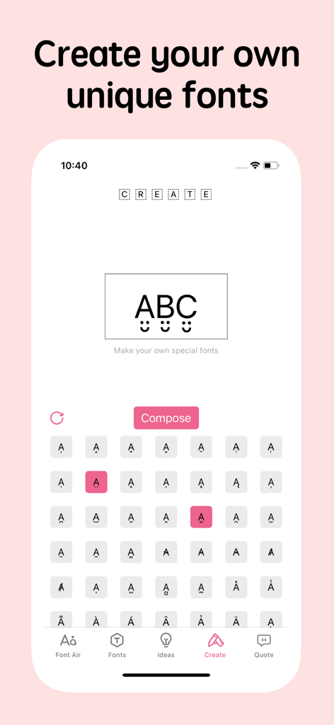 Fonts for iPhones - Interface for creating custom fonts in the Fonts for iPhones app