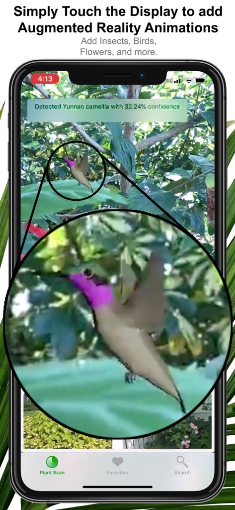 Plant Scan Pro- Identification - Interfaz de la aplicación Plant Scan Pro mostrando una animación AR de un colibrí sobre una planta escaneada.