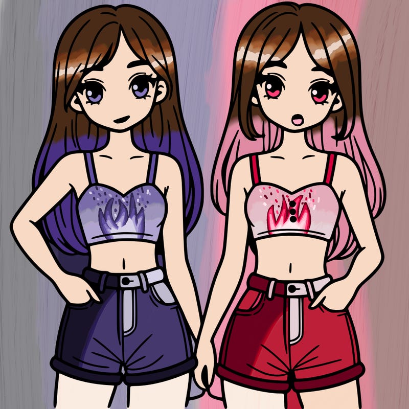 two sisters with crop tops and jean shorts and straight hair