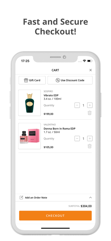 Arvella Fragrance - 아벨라 향수 앱의 쇼핑 카트 인터페이스에서 선택한 럭셔리 향수와 결제 버튼을 표시합니다.