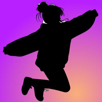 realistic girl jumping with a bun and oversized sweatshirt
