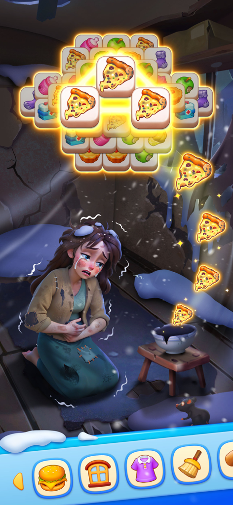 A triple match puzzle level where matching pizza tiles helps feed a crying girl in a cold room