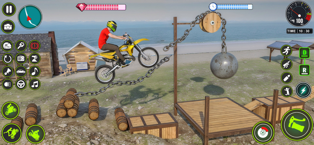 Mega Ramp Bike Stunt Games - A yellow stunt bike riding on a giant chain bridge over a coastal environment in a motorcycle game