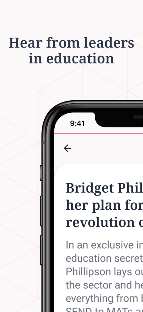 Tela de smartphone exibindo um artigo sobre liderança educacional no aplicativo Tes Magazine.